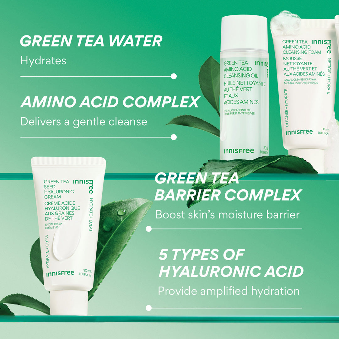 Green Tea Mini Double Cleanse + Hydrate Trio, Travel Size Skincare