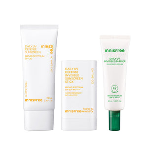 Daily UV Sunscreen SPF 50+ 100mL. Daily UV Sunscreen Stick SPF 50+, Green Tea Sunscreen Serum on a white background
