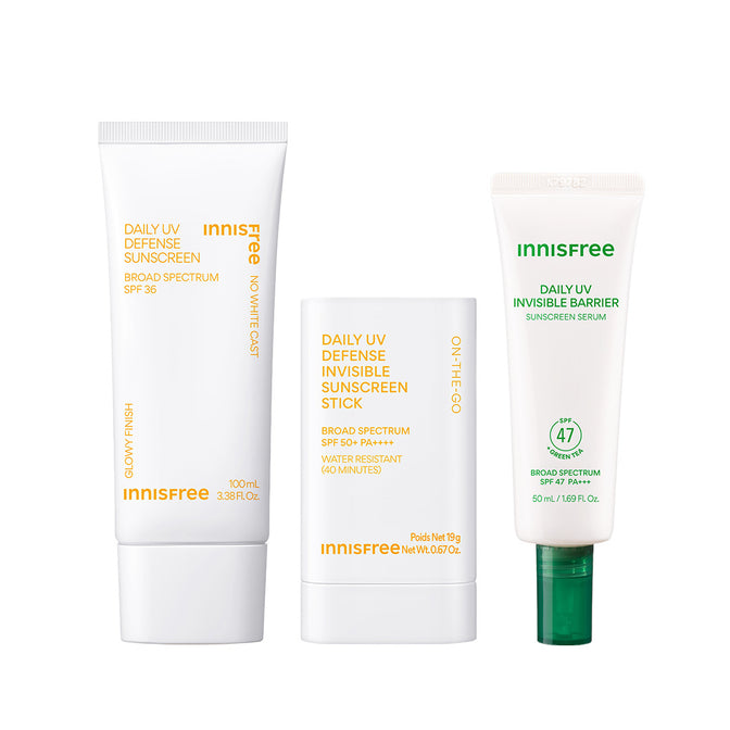 Daily UV Sunscreen SPF 50+ 100mL. Daily UV Sunscreen Stick SPF 50+, Green Tea Sunscreen Serum on a white background