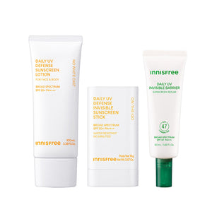 Daily UV Sunscreen SPF 50+ 100mL. Daily UV Sunscreen Stick SPF 50+, Green Tea Sunscreen Serum on a white background