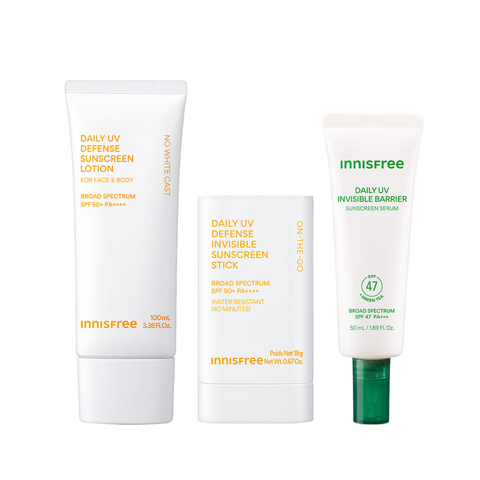Daily UV Sunscreen SPF 50+ 100mL. Daily UV Sunscreen Stick SPF 50+, Green Tea Sunscreen Serum on a white background