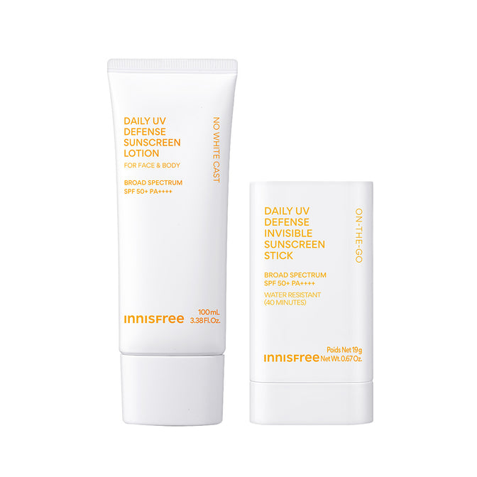 The Face + Body SPF Duo packshot: Daily UV Sunscreen SPF 50+ (100ML) and Daily UV Sunscreen Stick SPF 50+