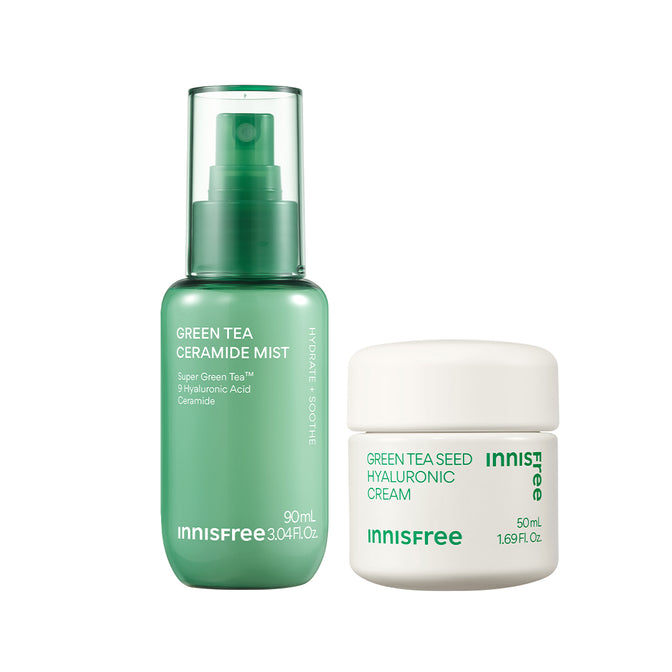 Innisfree Green Tea Ceramide Mist 90mL next to Innisfree Green Tea Seed Hyaluronic Cream 50mL on a solid white background.
