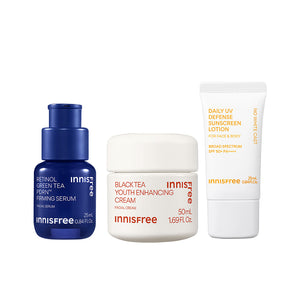 The Advanced Firming Essentials packshot ft. Green Tea PDRN™ Serum, Black Tea Cream, Daily UV Sunscreen SPF 50+