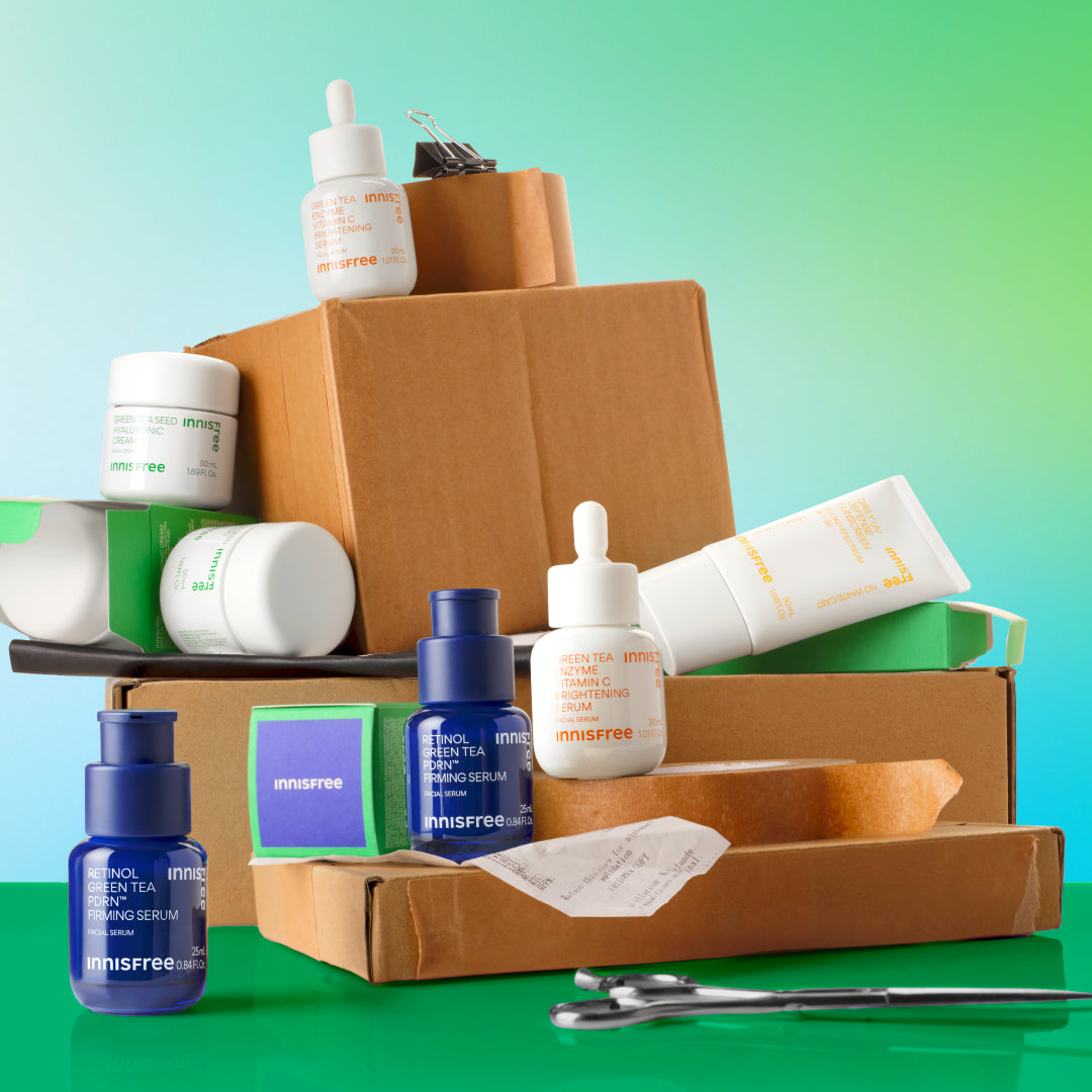 collection of korean skincare best sellers (Green Tea™ Serum, Vitamin C Serum, Daily UV Defense SPF, Green Tea Cream