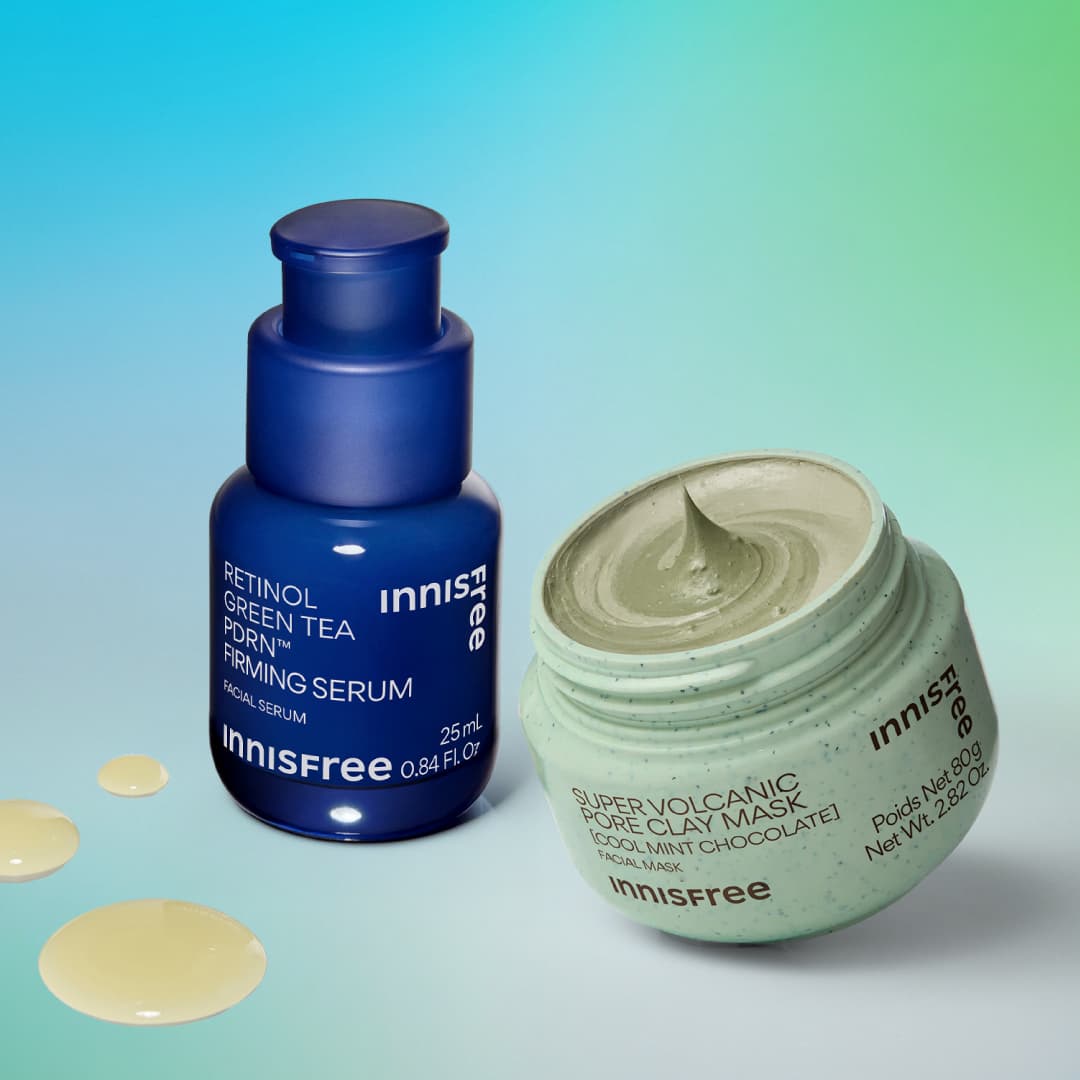 collection of new korean skincare: green tea pdrn™ serum, cool mint chocolate pore clay mask