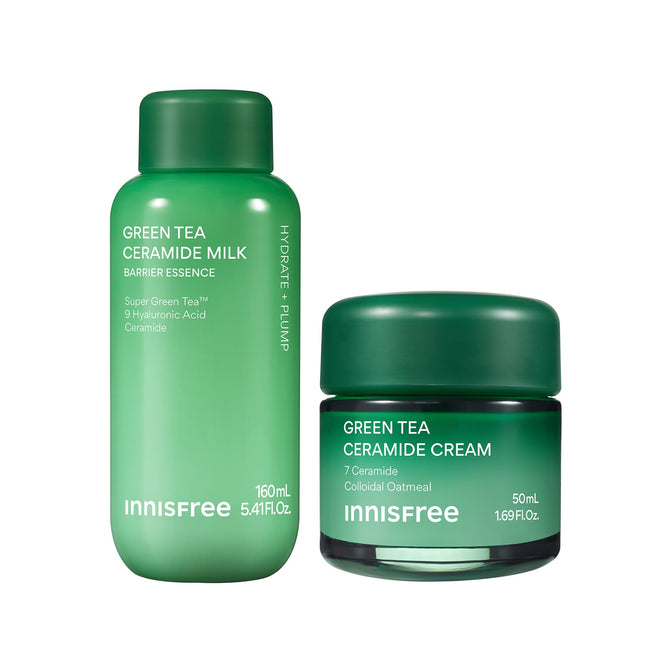 Green Tea Ceramide Skin Rescue Duo Packshot: Green Tea Ceramide Milk 160mL and Green Tea Ceramide Cream 50mL
