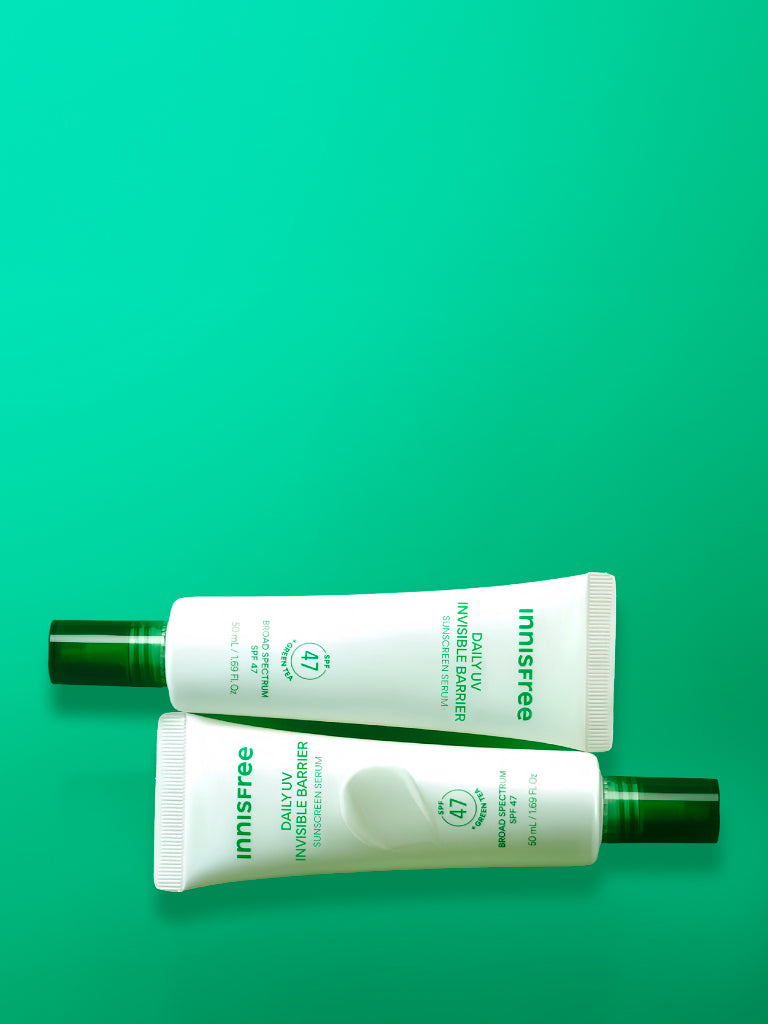 Green Tea Sunscreen Serum SPF 47 product with swatch