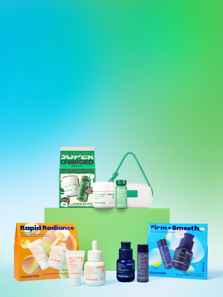 holiday sets ft. super charged green tea healthy barrier duo, rapid radiance, firm + smooth