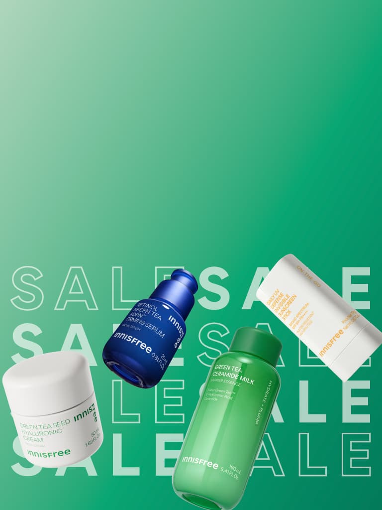 sale banner featuring Green Tea Cream, Green Tea PDRN™ Firming Serum, Green Tea Ceramide Milk, Daily UV Sunscreen Stick