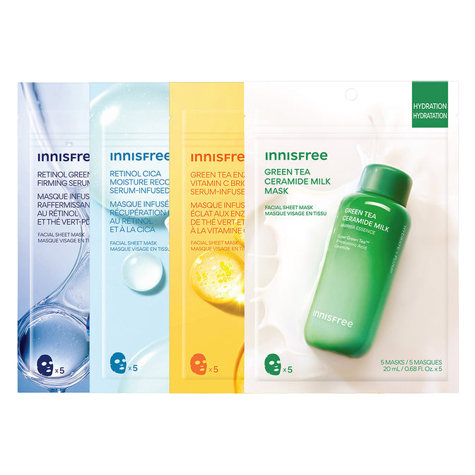 Serum-Infused Sheet Mask 5 Pack Packshot featuring Green Tea PDRN™ Firming, Retinol Cica, Vitamin C, Green Tea Ceramide MIlk