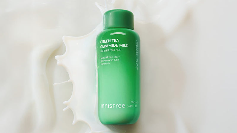 Green Tea Ceramide Milk Toner with milky backgroud