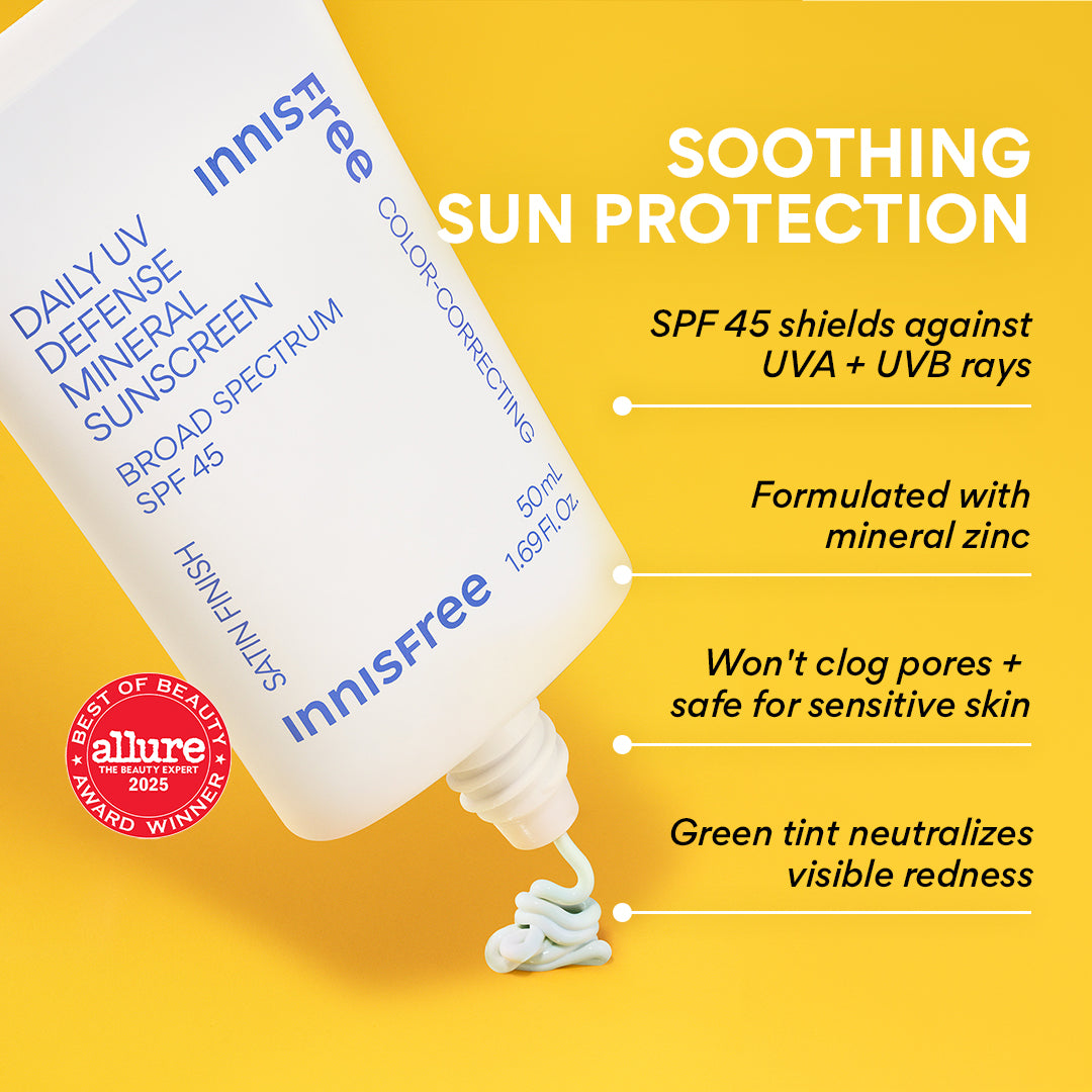 Innisfree sunscreen bottle with product features on a yellow background