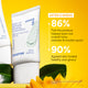Enlarge image of Innisfree sunscreen tube with yellow background and text highlighting user feedback