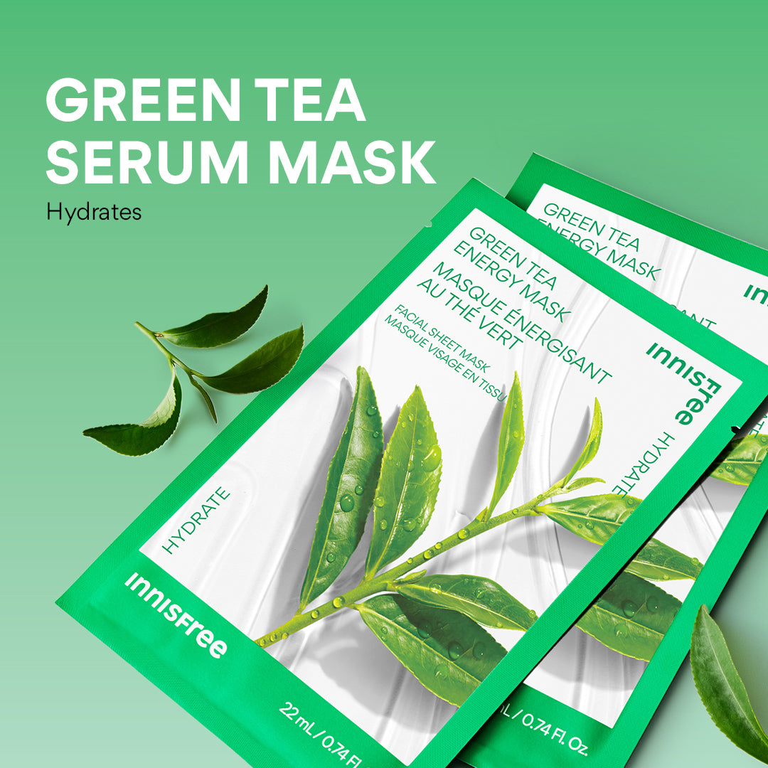 Innisfree Green Tea Energy - Hydrate Sheet Mask packaging with green leaves on a green background