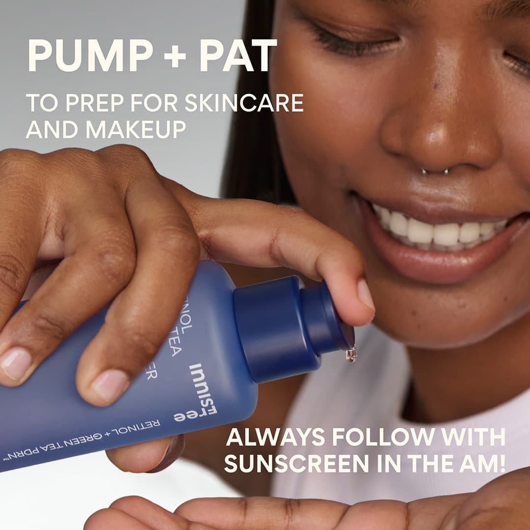 Pump and pat the Retinol Green Tea PDRN™ Skinbooster Toner onto skin to prep for skincare and makeup