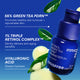 Enlarge image of Innisfree Retinol Green Tea PDRN Firming Serum with green tea leaves on a blue background