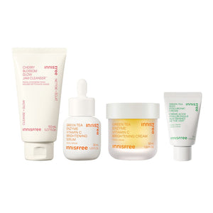 Radiance Routine packshot: cherry blossom jam cleanser, vitamin c serum, vitamin c cream, green tea cream