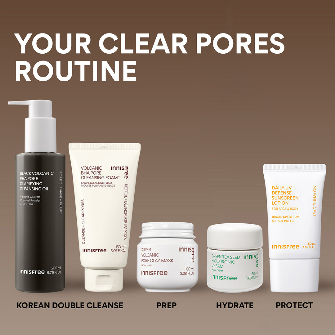 A skincare routine set from innfree on a brown gradient background with the text 'YOUR CLEAR PORES ROUTINE'. The set includes Volcanic Oil Cleanser, Volcanic Cleansing Foam, Super Volcanic Clay Mask, Green Tea Hyaluronic Cream, and Daily UV Sunscreen SPF 50+, all labeled with their respective step names.