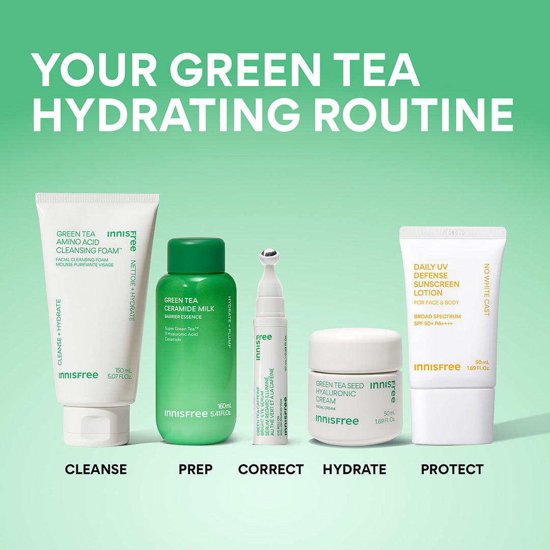Five innisfree skincare products arranged on a light green gradient background under the heading 'YOUR GREEN TEA HYDRATING ROUTINE.' The products are labeled Cleanse, Prep, Correct, Hydrate, and Protect