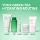 Enlarge image of Five innisfree skincare products arranged on a light green gradient background under the heading &amp;#39;YOUR GREEN TEA HYDRATING ROUTINE.&amp;#39; The products are labeled Cleanse, Prep, Correct, Hydrate, and Protect