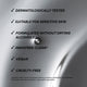 Enlarge image of A close-up of a metallic silver surface with black text listing product benefits: dermatologically tested, suitable for sensitive skin, formulated without drying alcohols, innisfree-clean*, vegan, and cruelty-free. A small droplet sits near the center.