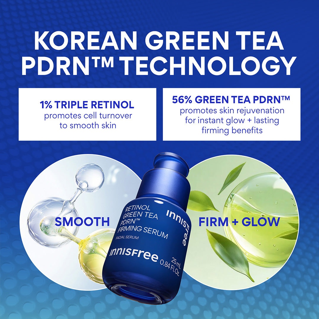 Innisfree serum bottle with Korean Green Tea PDRN technology on a blue background