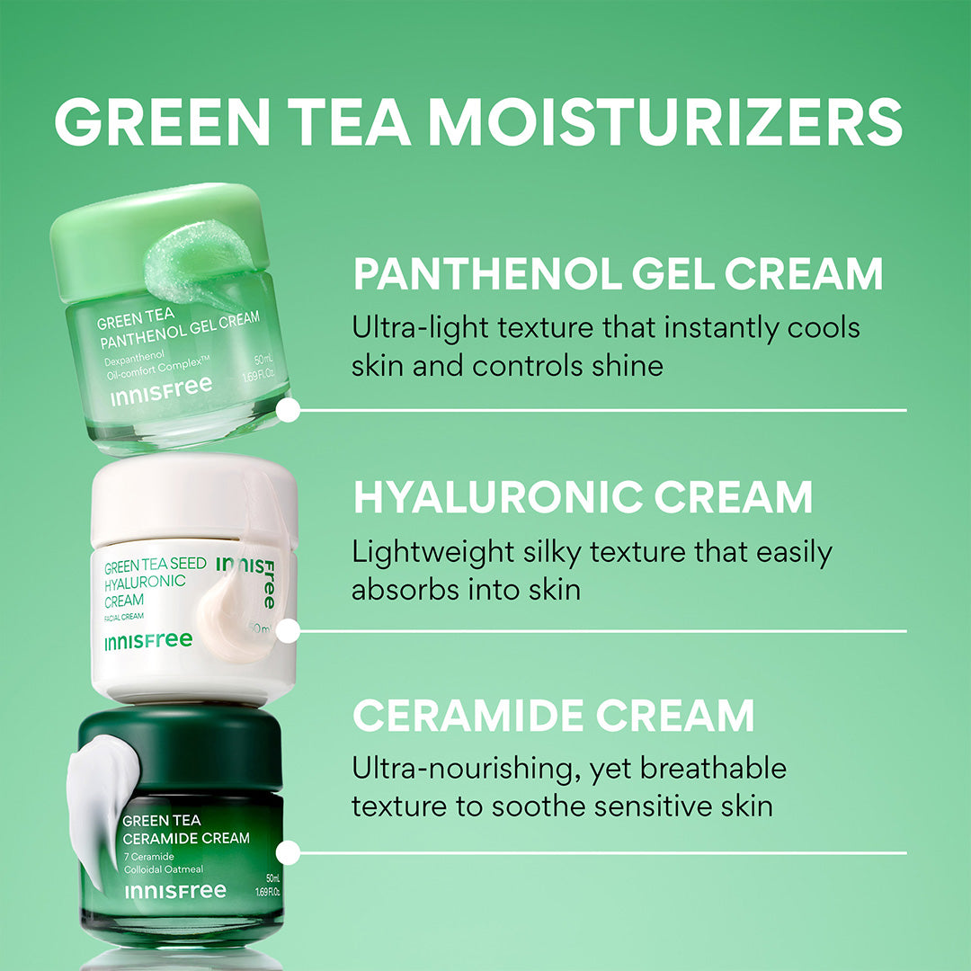 Innisfree green tea moisturizers with product names and descriptions on a green background