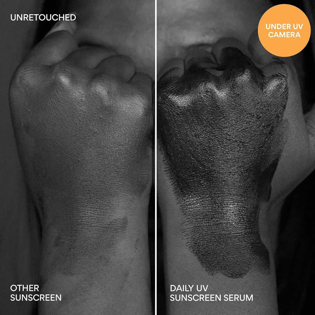 Green Tea Sunscreen Serum other sunscreen vs daily uv sunscreen serum under UV camera
