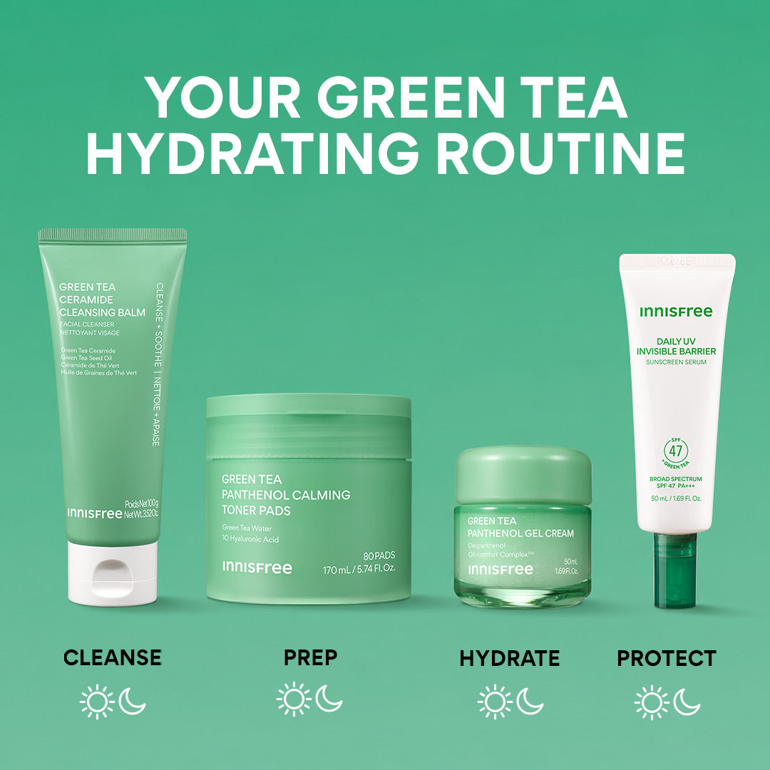 your green tea hydrating routine to cleanse, prep, hydrate, and protect