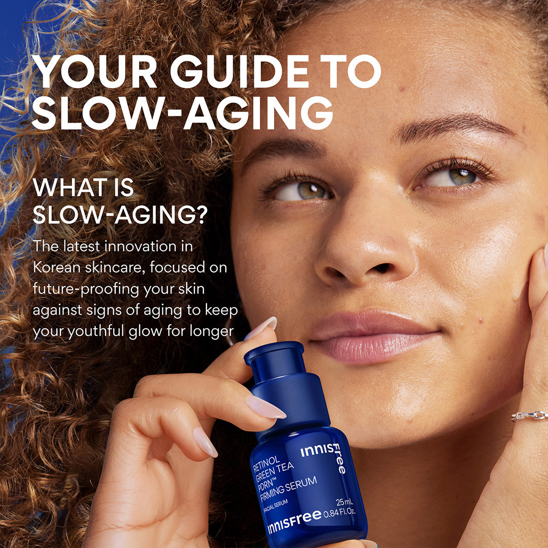 Woman holding Innisfree skincare serum with text about slow-aging skincare.