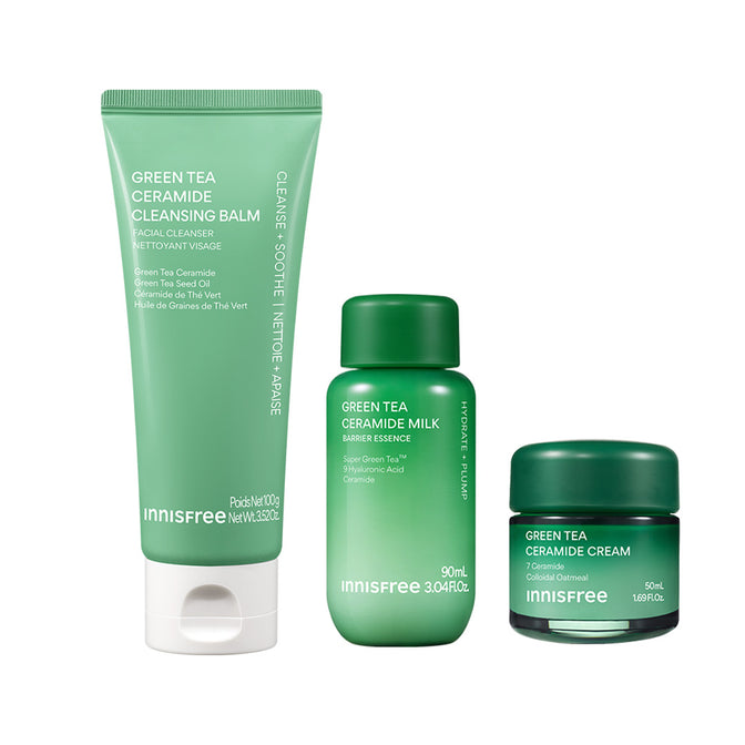 The Ceramide Barrier Recovery Routine packshot featuring Green Tea Cleansing Balm, Green Tea Ceramide Milk, and Green Tea Ceramide Cream