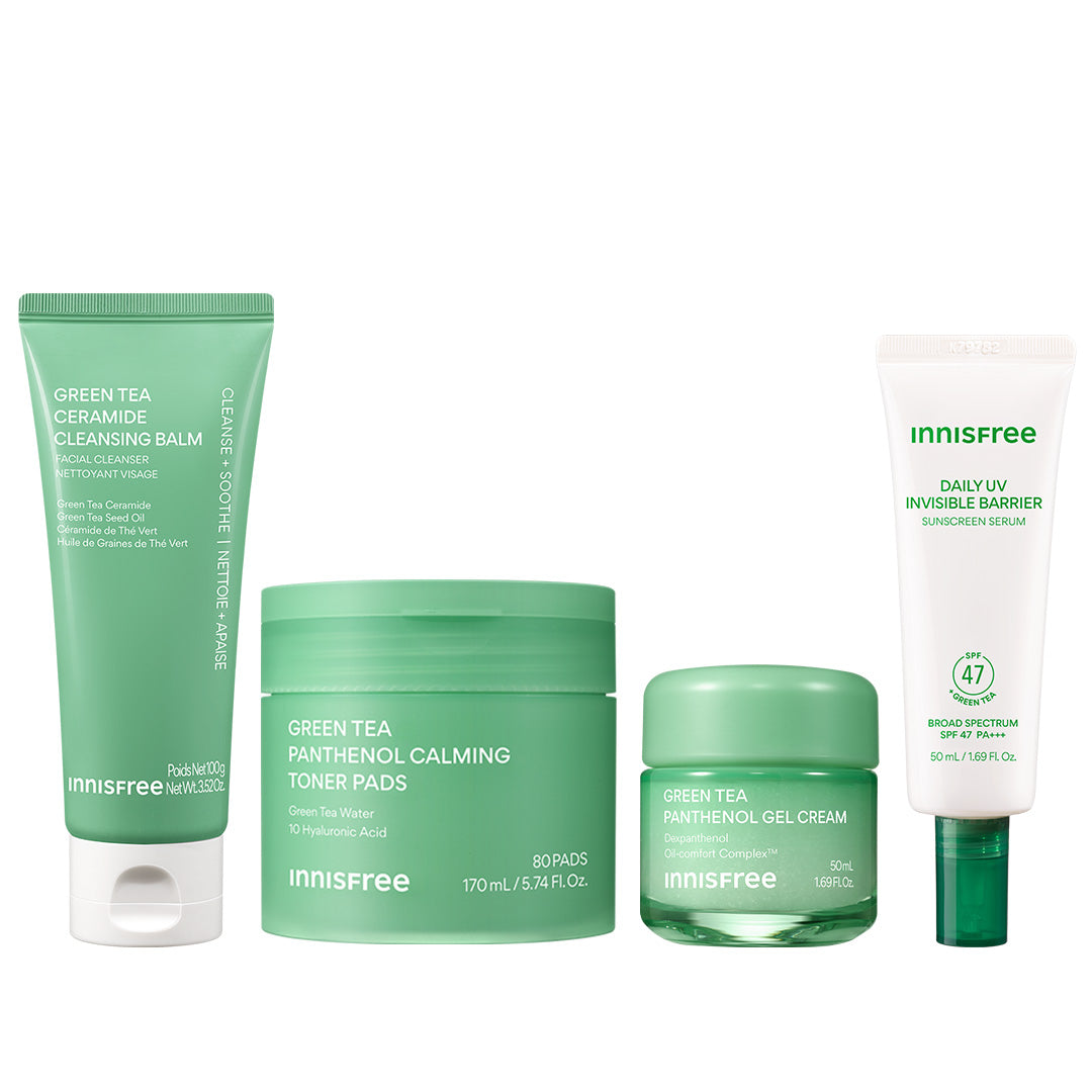 Hydrate + Soothe Set packshot featuring Green Tea Cleansing Balm, Green Tea Toner pads, Green Tea Gel Cream, and Green Tea Sunscreen Serum