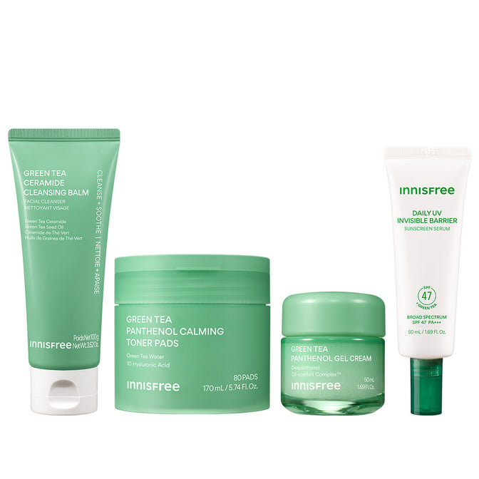 Hydrate + Soothe Set packshot featuring Green Tea Cleansing Balm, Green Tea Toner pads, Green Tea Gel Cream, and Green Tea Sunscreen Serum