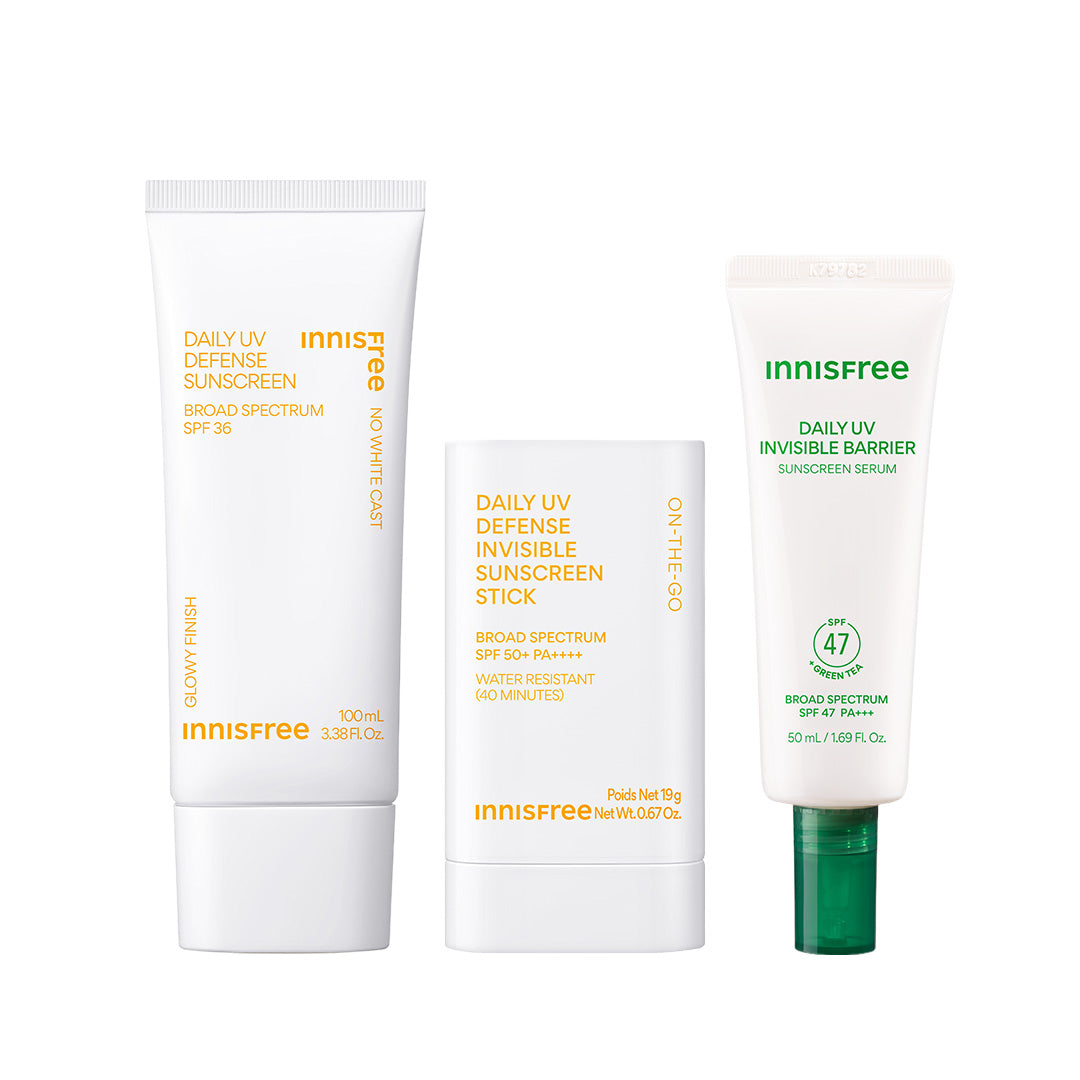 Daily UV Sunscreen SPF 50+ 100mL. Daily UV Sunscreen Stick SPF 50+, Green Tea Sunscreen Serum on a white background