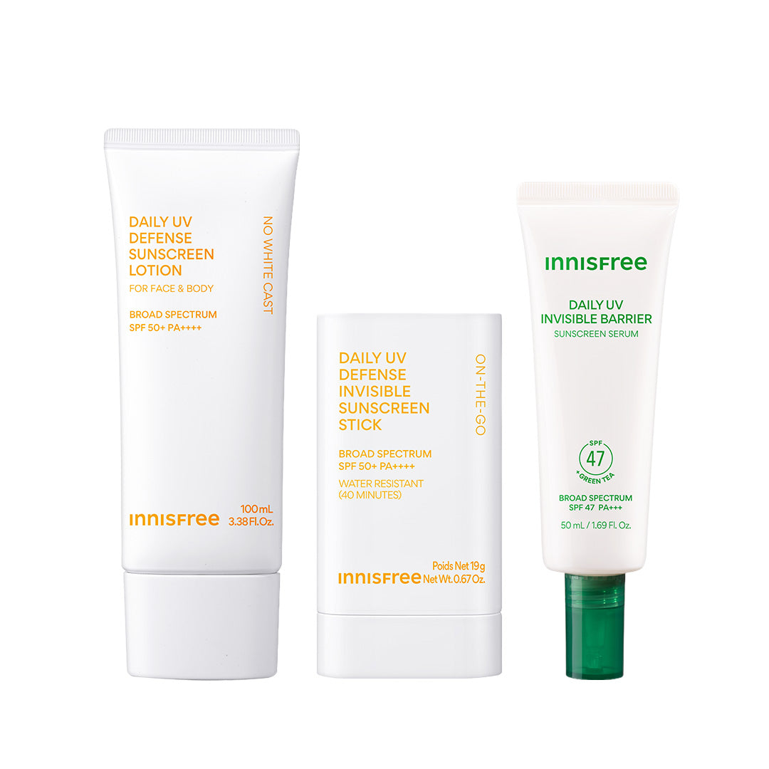 Daily UV Sunscreen SPF 50+ 100mL. Daily UV Sunscreen Stick SPF 50+, Green Tea Sunscreen Serum on a white background