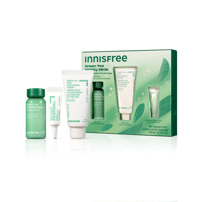 Green Tea Mighty Minis Set packshot featuring mini Green Tea Ceramide Milk, Green Tea Eye Serum, and Green Tea Cleansing Foam
