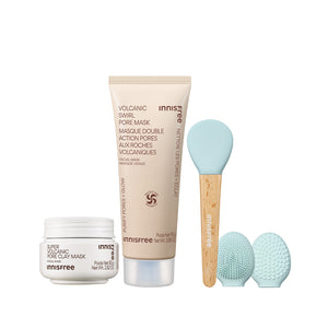 The Clay Mask Essentials packshot featuring Super Volcanic Pore Clay Mask - Original, Volcanic Swirl Pore Mask, Pore Spatula