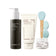 The Volcanic Pore Care Routine featuring Black Volcanic PHA Pore Cleansing Oil, Volcanic BHA Pore Cleansing Foam, two light blue silicone cleansing brushes with wooden handles, and a Super Volcanic Pore Clay Mask jar, all on a white background.