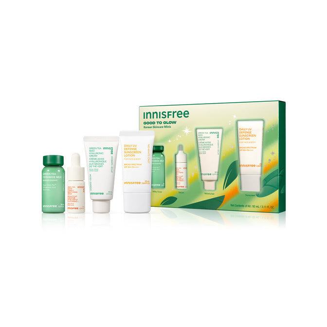 Good To Glow Set packshot featuring mini Green Tea Ceramide Milk, Vitamin C Serum, Green Tea Cream, and Daily UV Sunscreen SPF 50+