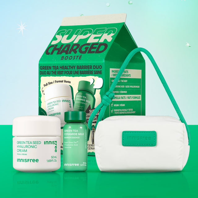 Super Charged Green Tea Healthy Barrier Duo ft. Green Tea Cream, mini Green Tea Ceramide Milk, keyring pouch