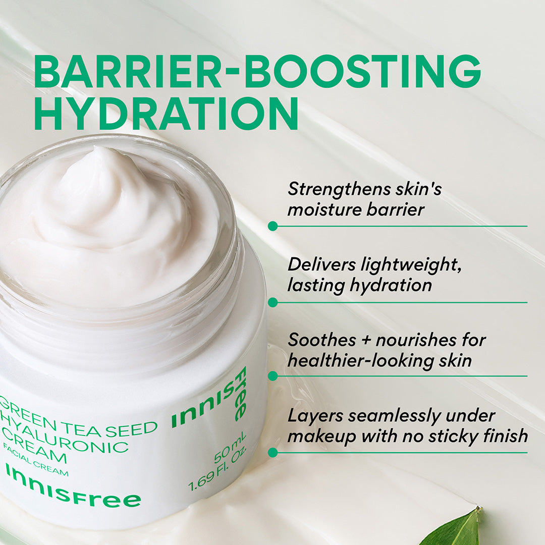 Innisfree Green Tea Seed Hyaluronic Cream jar with white cream visible in a clear jar, shown on a light background with marketing text about barrier-boosting hydration.