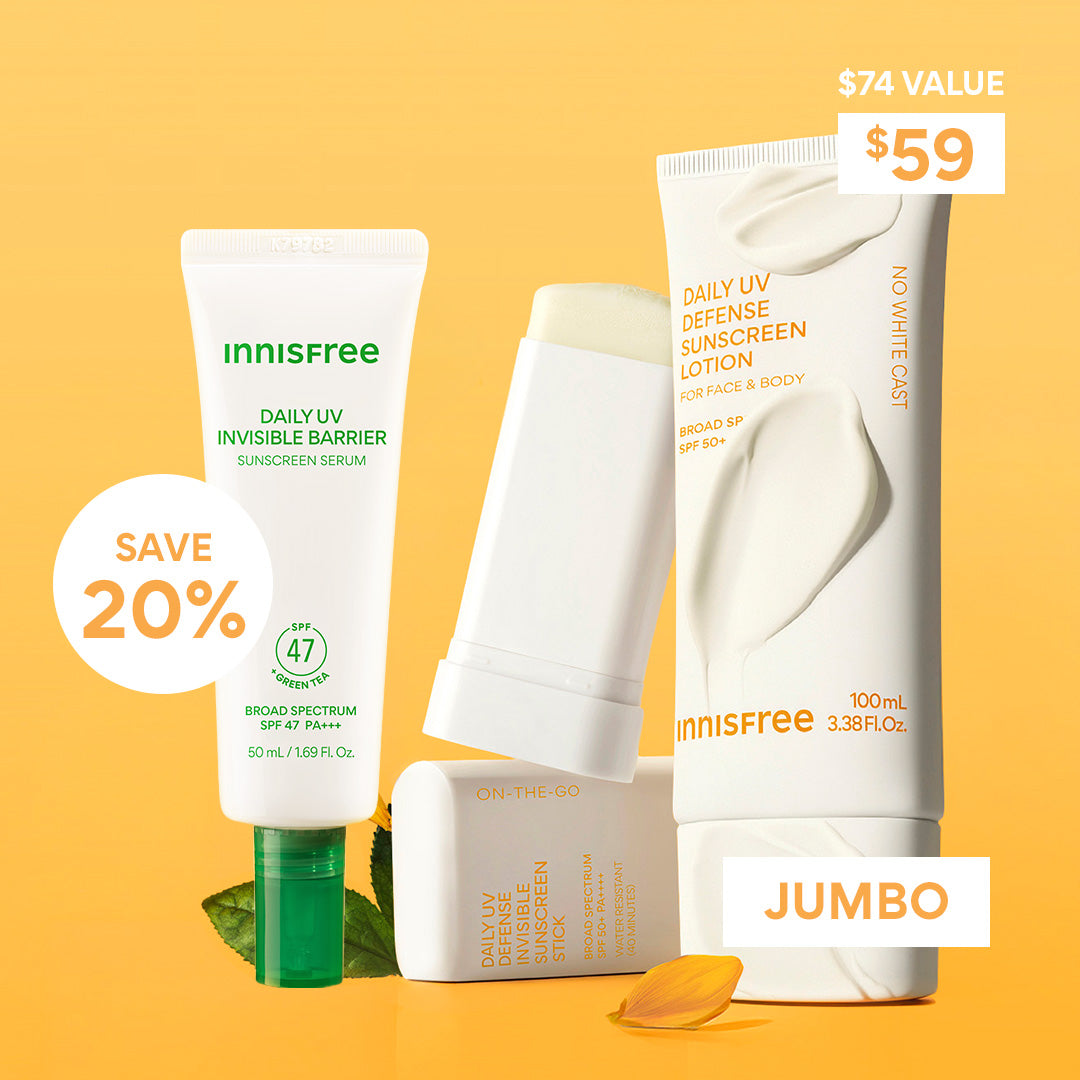 Daily UV Sunscreen SPF 50+ 100mL. Daily UV Sunscreen Stick SPF 50+, Green Tea Sunscreen Serum bundle: Save 20% callout, $59 $74 value callout