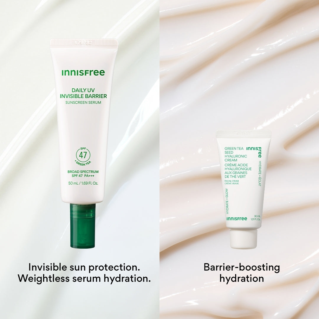 invisible sun protection. weightless serum hydration. with Green Tea Sunscreen Serum SPF 47 and barrier-boosting hydration with Green Tea Hyaluronic Cream