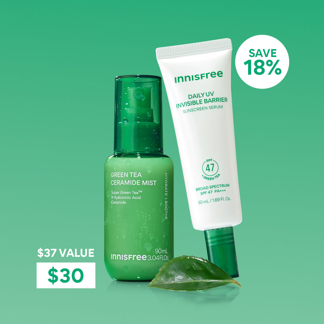 Protect + Refresh Duo featuring  Green Tea Ceramide Mist and a Daily UV Invisible Barrier Green Tea Sunscreen Serum Broad Spectrum SPF 47 bundle savings: save 18%, $30 $37 value