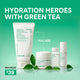 Enlarge image of hydration heroes with green tea: full size of Green Tea Cleansing Foam and Green Tea Cream, deluxe sizes of Green Tea PHA Toner and Green Tea Serum