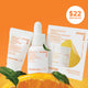 Enlarge image of Vitamin C Rapid Brightening Minis Set displayed with orange slices and green tea leaves on a bright orange background, featuring a $22 value badge.