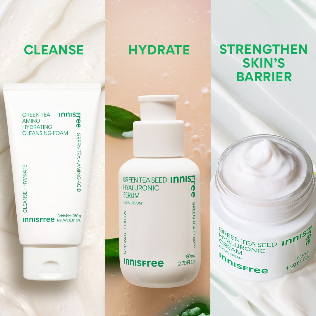 cleanse with green tea cleansing foam, hydrate with green tea serum , strengthen skin's barrier with green tea cream