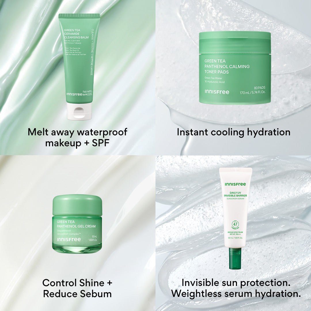 melt away waterproof makeup + SPF with Green Tea Cleansing Balm, Instant cooling hydration with Green Tea Toner Pads, control shine + reduce sebum with Green Tea Gel Cream, and invisible sun protection with Green Tea Sunscreen Serum