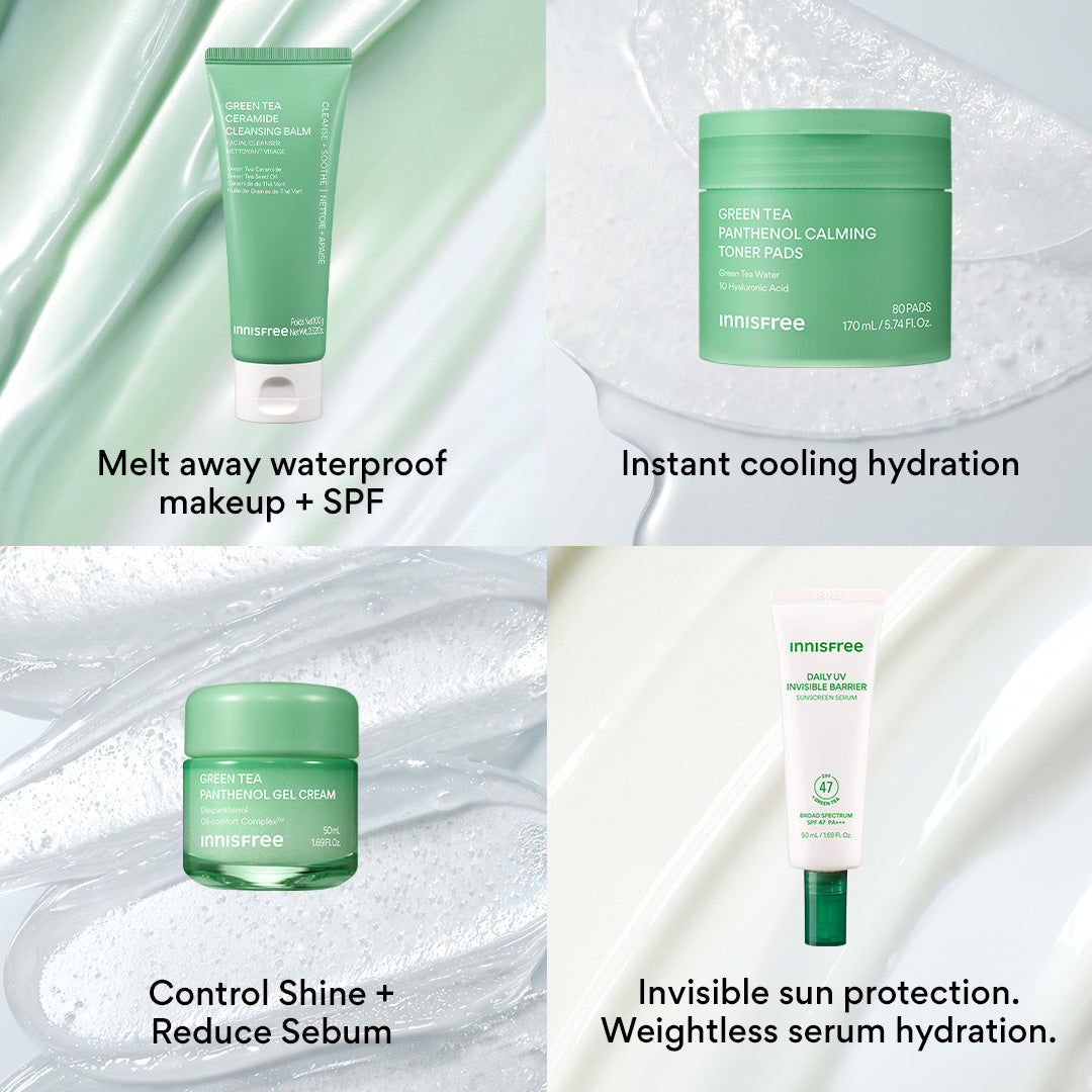melt away waterproof makeup + SPF with Green Tea Cleansing Balm, Instant cooling hydration with Green Tea Toner Pads, control shine + reduce sebum with Green Tea Gel Cream, and invisible sun protection with Green Tea Sunscreen Serum